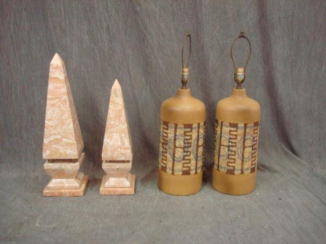 Appraisal: Pair of Midcentury Decorated Lamps together with Obelisks Midcentury From