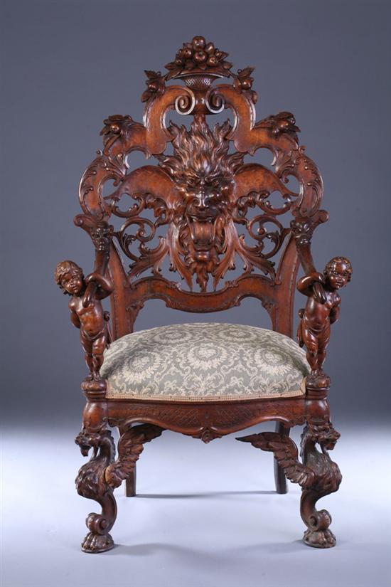 Appraisal: ITALIAN RENAISSANCE REVIVAL CARVED FRUITWOOD ARMCHAIR th century With green