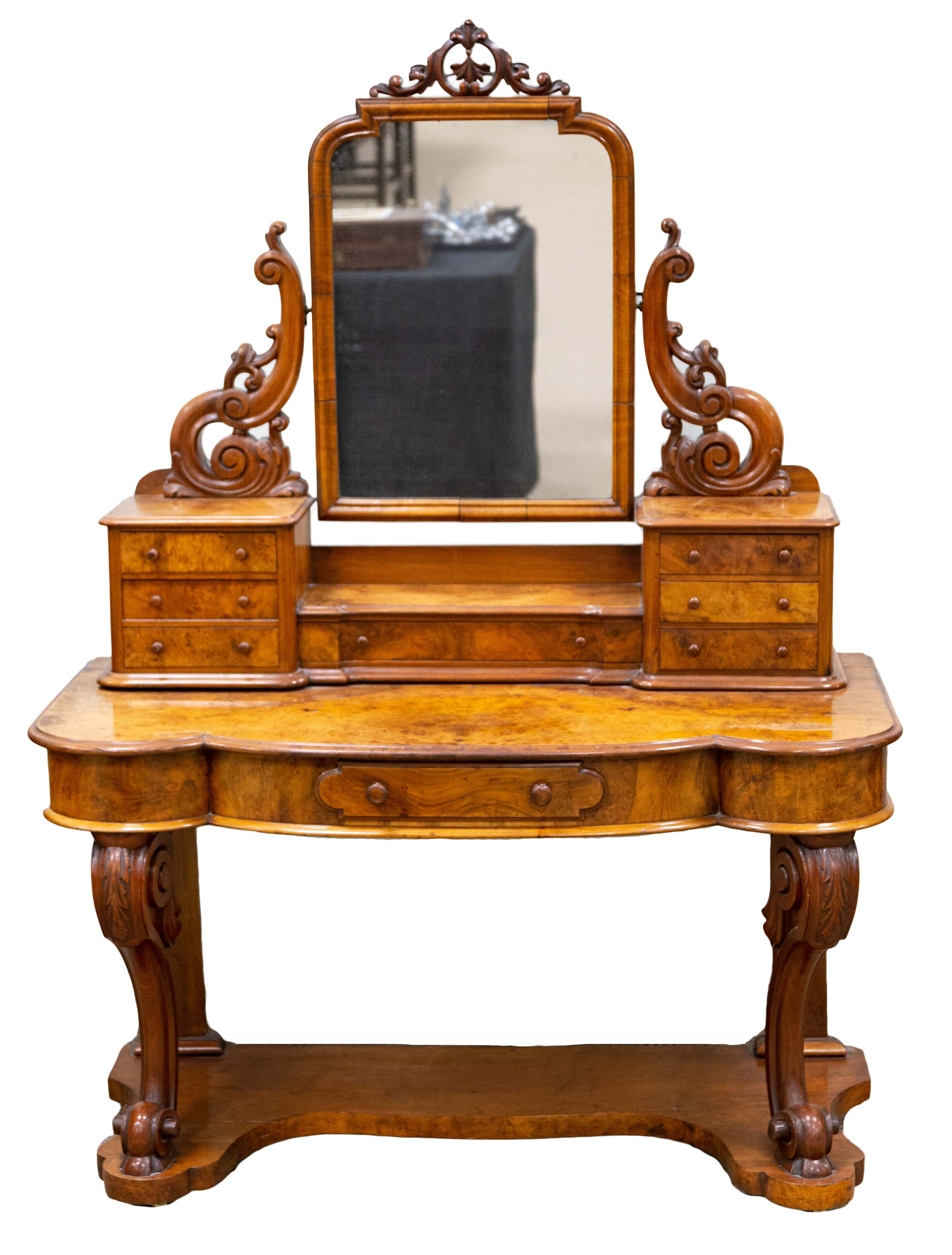 Appraisal: ENGLISH BURL WALNUT DRESSING TABLE circa Cabriole legs with adjustable