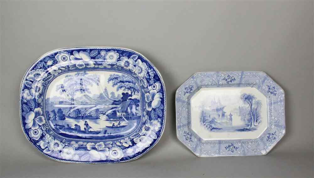 Appraisal: STAFFORDSHIRE BLUE AND WHITE WELL-AND-TREE PLATTER WITH A DAVENPORT BLUE