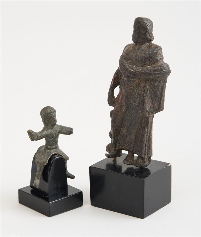 Appraisal: TWO ANCIENT FIGURAL BRONZES Both raised on stands Tallest x