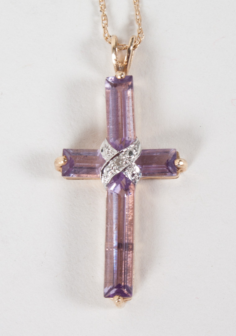 Appraisal: K gold amethyst diamond cross pendant chain amethyst cross pendant