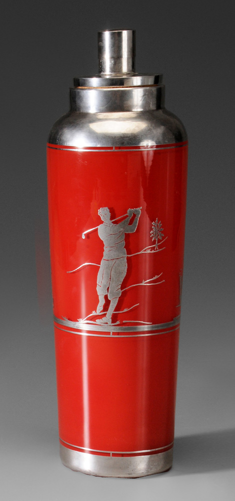 Appraisal: Golf Silver Overlay Cocktail Shaker American th century red glass