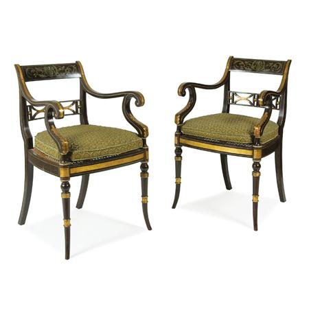 Appraisal: Pair of Regency Style Grain Painted and Parcel Gilt Armchairs