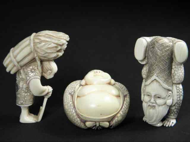 Appraisal: Three Japanese carved ivory figural netsukes Includes an old man