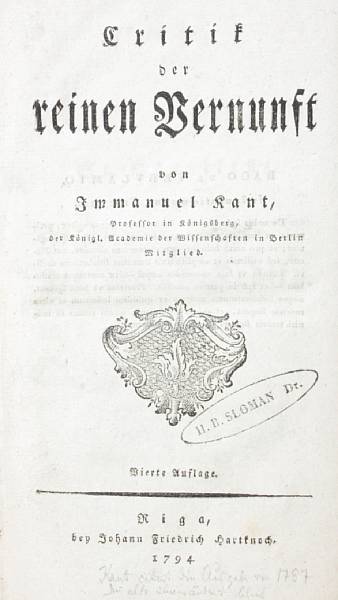 Appraisal: Kant Immanuel Critik der reinen vernuf Riga Johann Friedrich Hartnoch