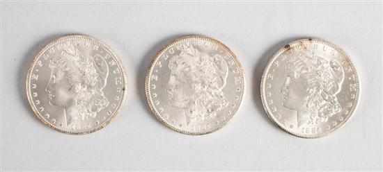 Appraisal: Three United States Morgan silver dollars CC MS- Estimate -