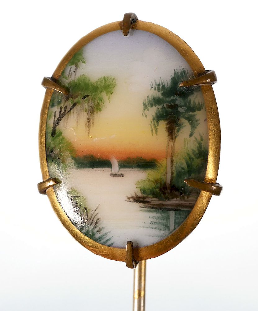 Appraisal: OLIVE COMMONS Cameona Stick Pin Florida scene painted on porcelain