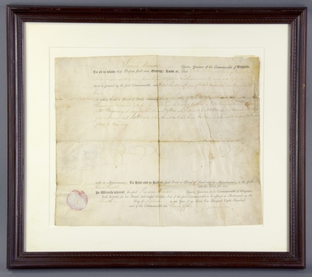 Appraisal: James Monroe Land GrantOn parchment Issued during James Monroe's term