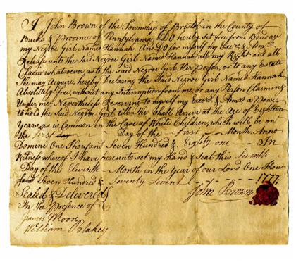 Appraisal: piece Manuscript Document - Slave Manumission Signed by John Brown