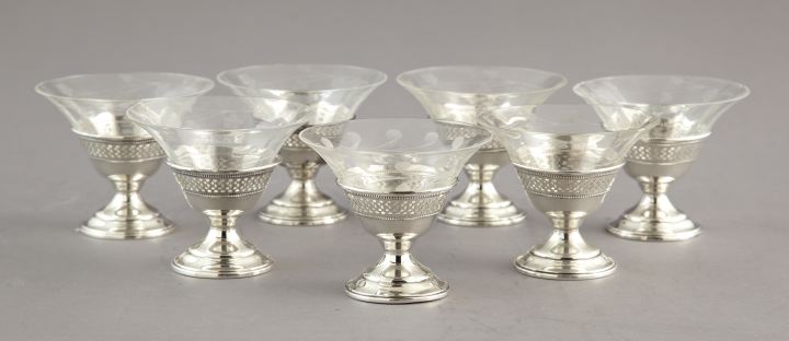 Appraisal: Set of Sixteen Silverplate and Etched Glass Sorbets the reticulated