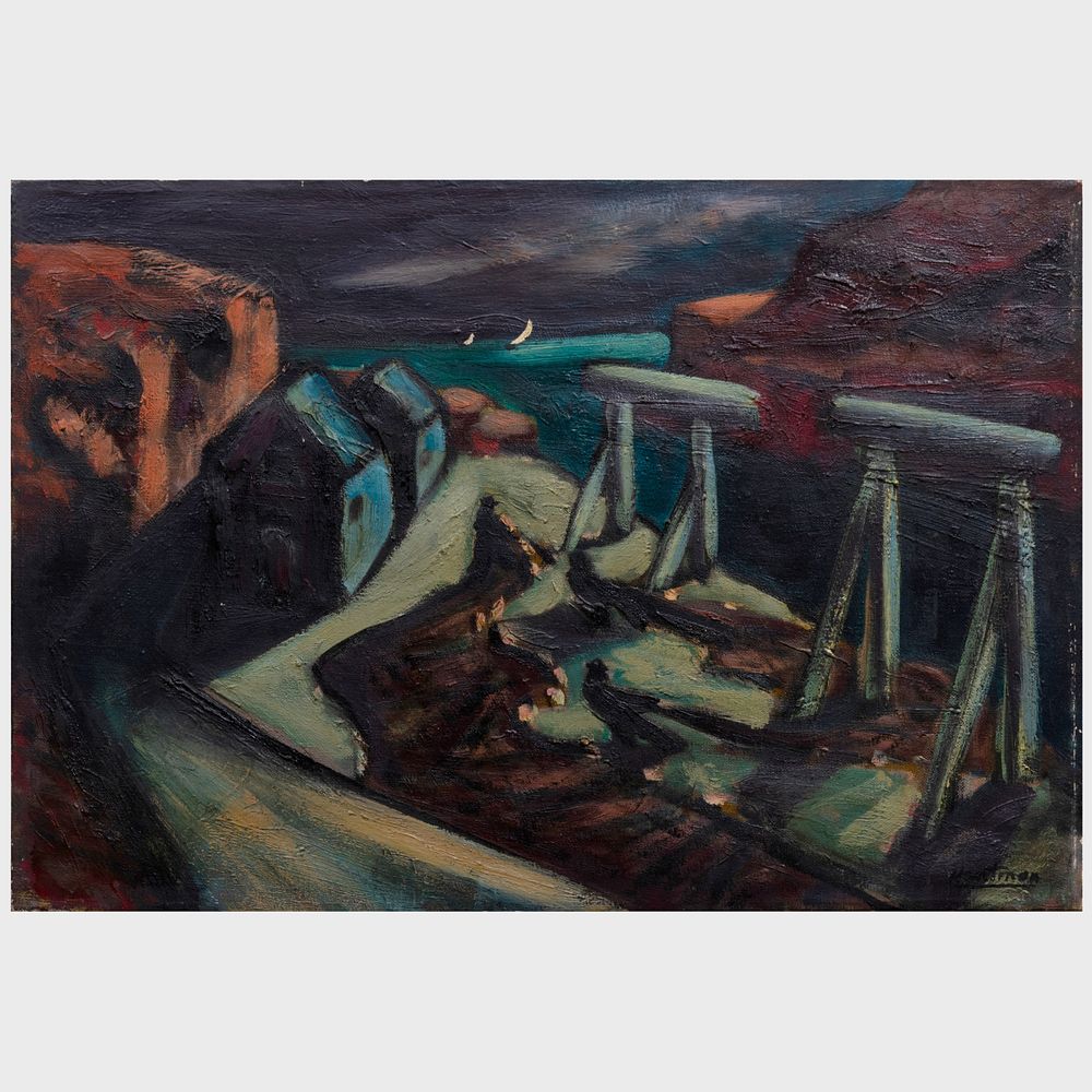 Appraisal: Murray Hantman - Net Pulling Oil on canvas signed 'M