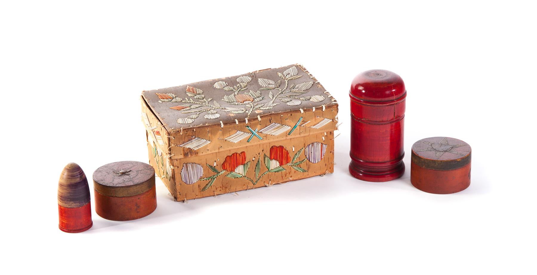 Appraisal: FOUR PAINTED BOXES AND A QUILLWORK BOX Twentieth century Four