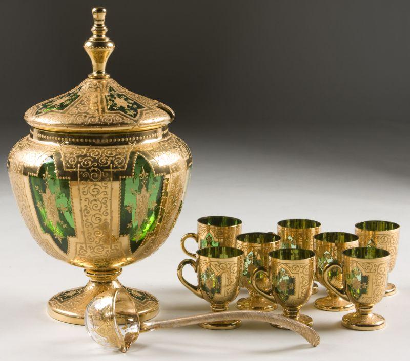 Appraisal: Victorian Gilt and Enameled Punch Bowl Set unsigned possibly Moser