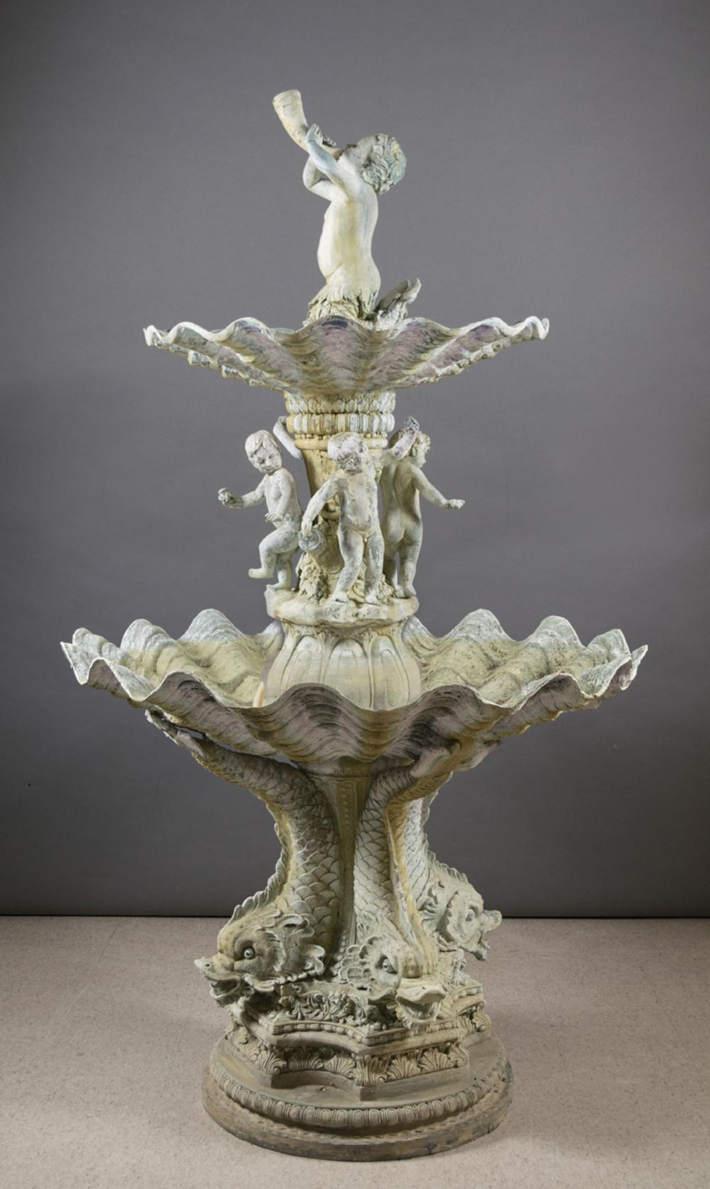 Appraisal: BAROQUE STYLE PATINATED BRONZE FOUNTAIN two-tier dolphins cherubs and shell