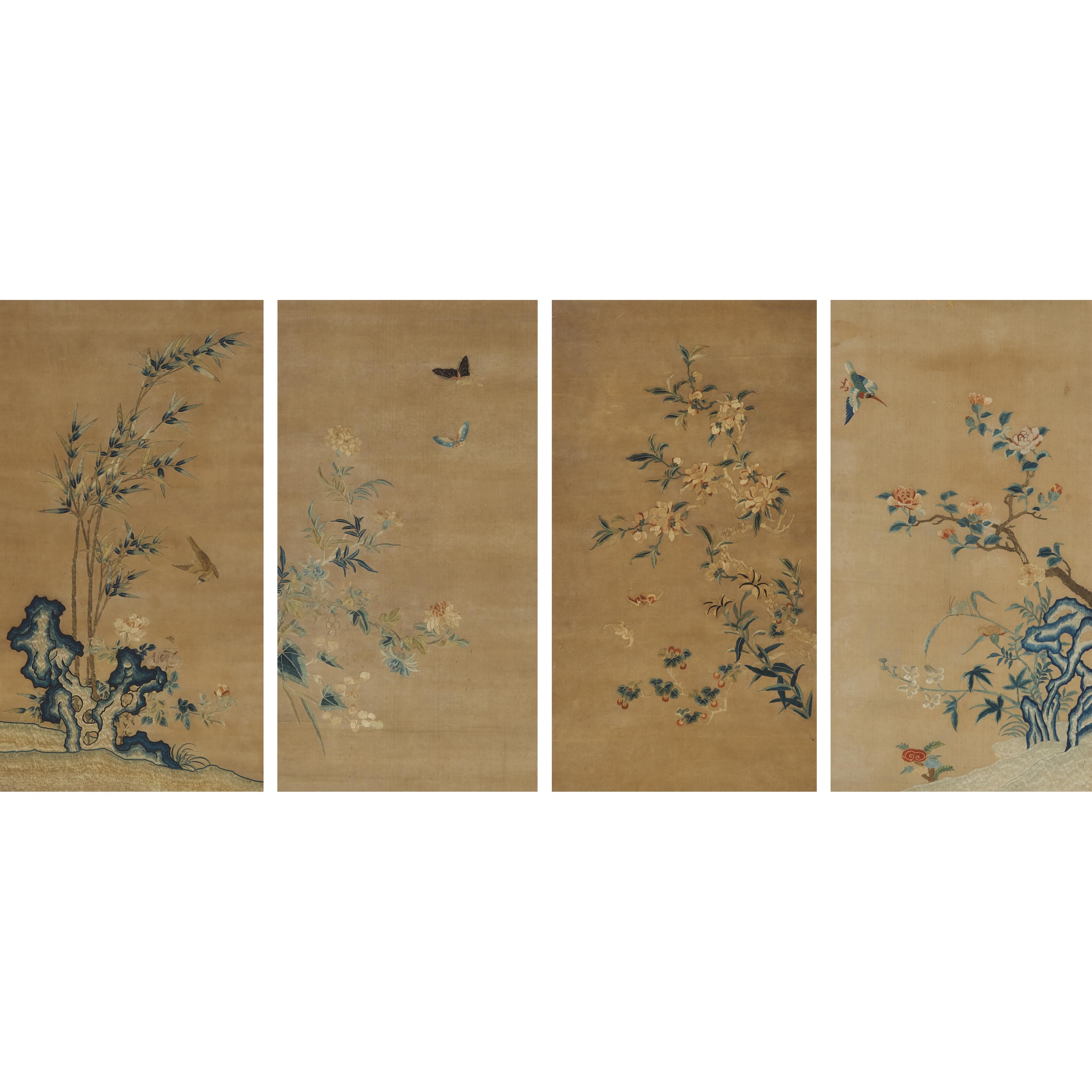 Appraisal: A Set of Four 'Gu-Family' Embroidered Satin and Pearlwork 'Four