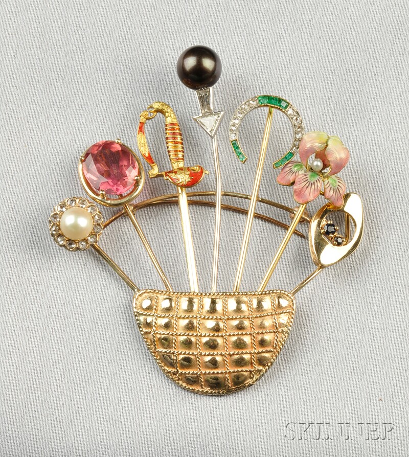 Appraisal: kt Gold Gem-set Stickpin Flower Basket Brooch composed of seven