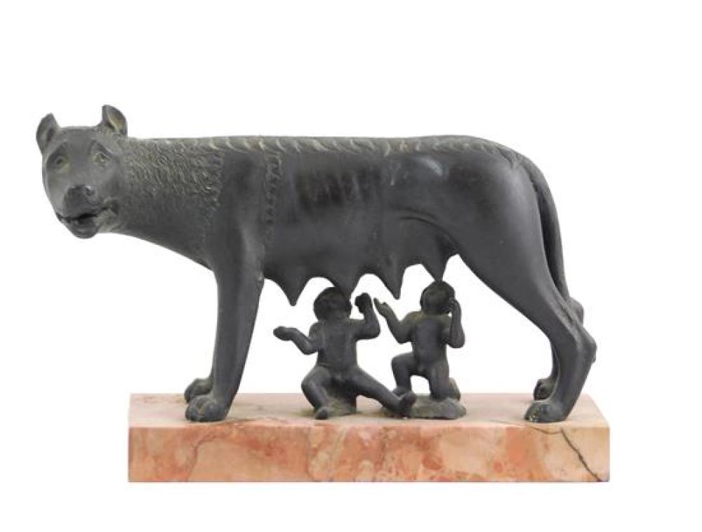 Appraisal: Bronze of Romulus and Remus depicting two young children feeding