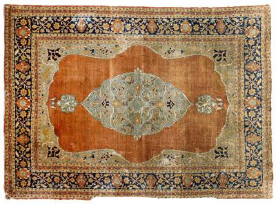 Appraisal: Heriz silk rug central medallion with pendants on copper brown