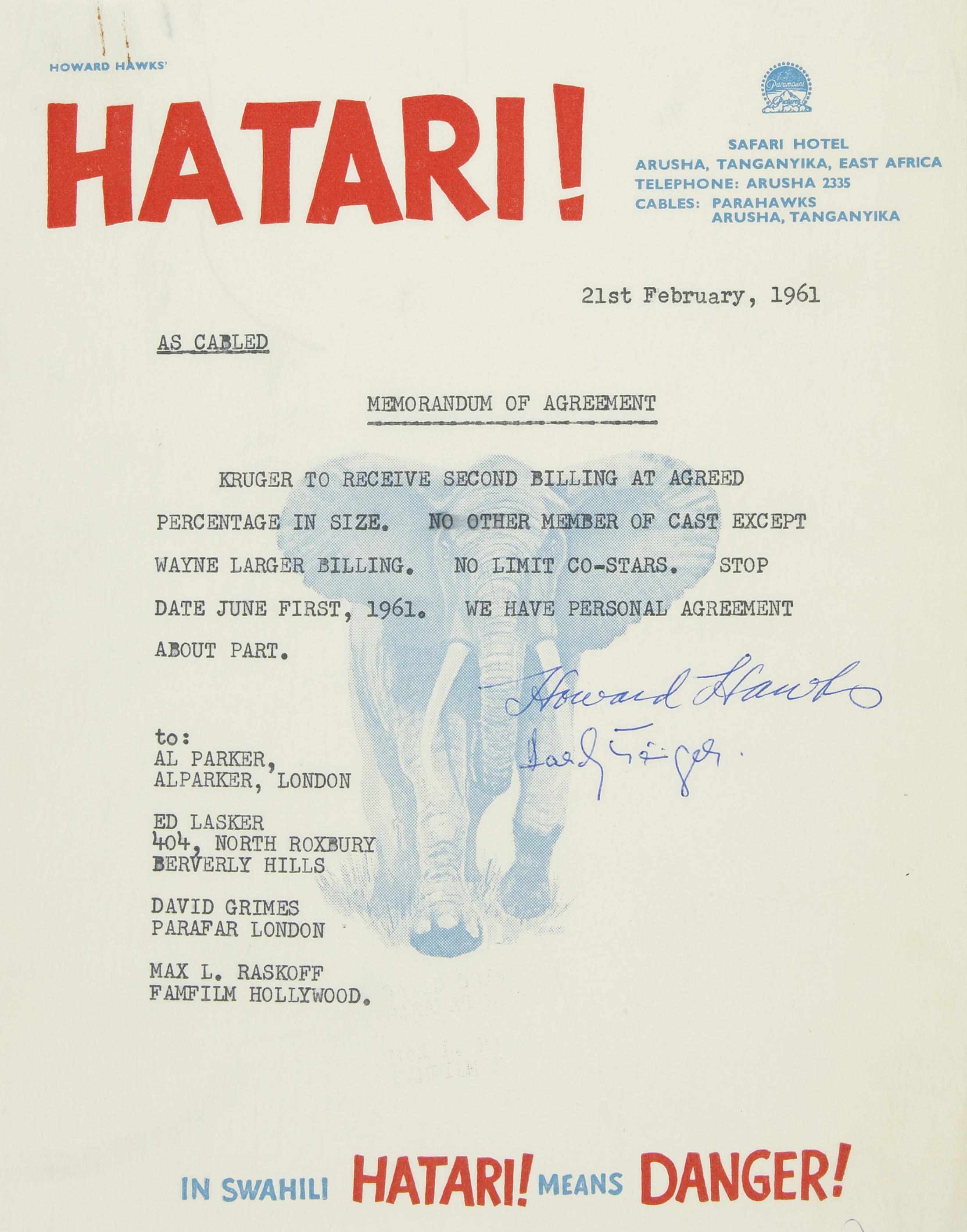 Appraisal: HAWKS HOWARD - Documents Signed ''Howard Hawks'' various lengths to