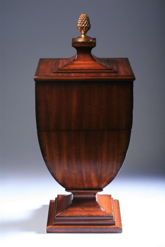 Appraisal: REGENCY-STYLE MAHOGANY KNIFE BOX th century Urn-form hinged lid the