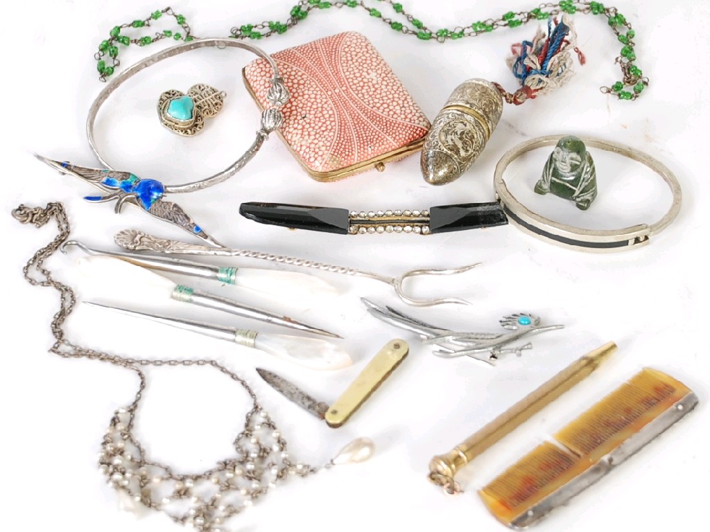 Appraisal: COSTUME JEWELLERY AND MISCELLANEA including silver and blue enamel bird