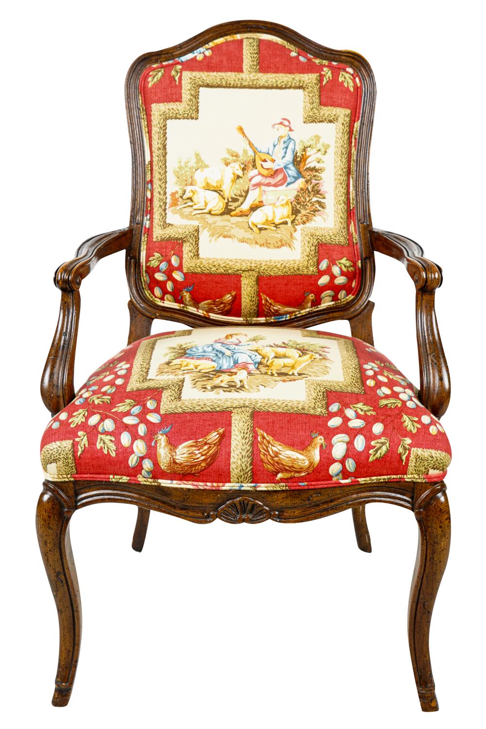 Appraisal: REGENCE STYLE WALNUT FAUTEUILwith cabriole legs and figural upholstery inches