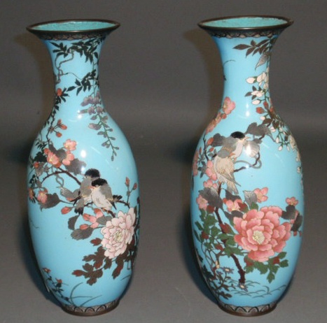 Appraisal: Pair of blue cloisonn vases th c h