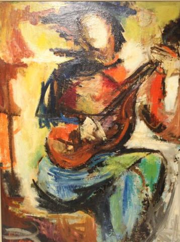 Appraisal: SAULTER Leon Oil on Masonite Figure withGuitar Signed and dated