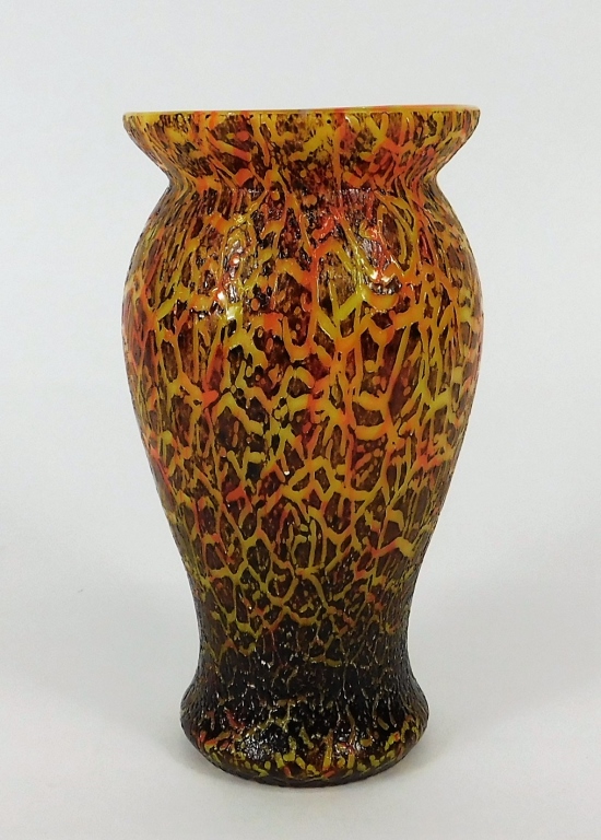 Appraisal: KRALIK ORANGE CRACKLE BOHEMIAN ART GLASS VASE Bohemia th CenturySquat