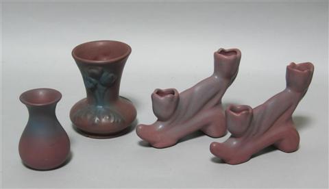 Appraisal: FOUR VAN BRIGGLE MATTE GLAZED PIECES Incised marks with maroon