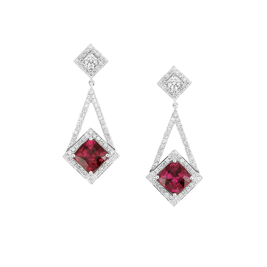 Appraisal: Pair of White Gold Rubellite and Diamond Pendant-Earrings kt cushion-cut