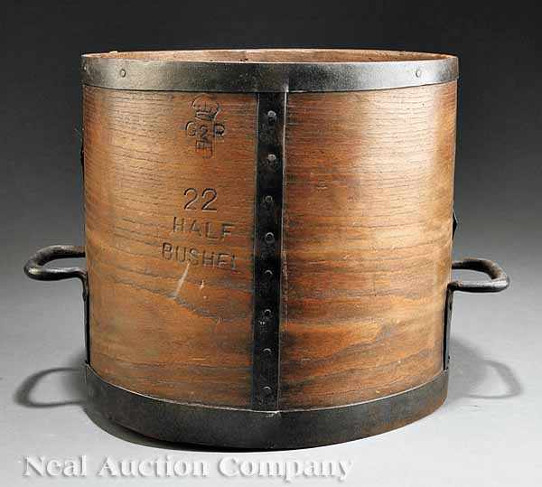 Appraisal: An Antique English Iron-Bound Wood Storage Bucket stamped HALF BUSHEL