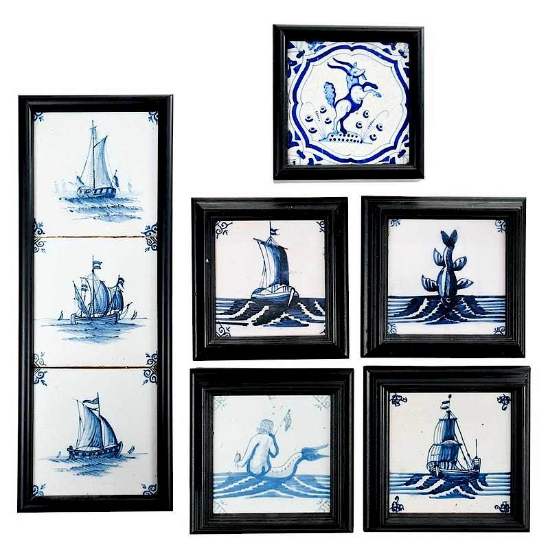 Appraisal: Eight Framed Maritime Delftware Tiles Dutch th th century one