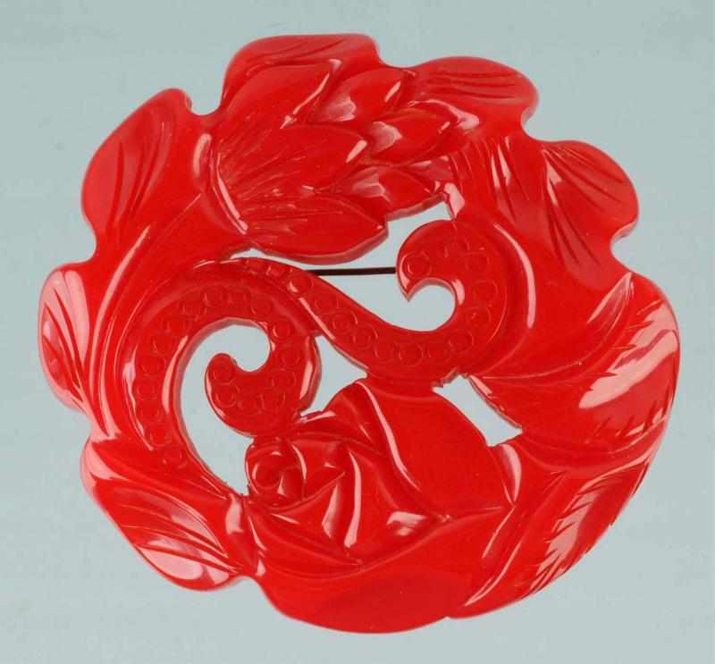 Appraisal: Bakelite Red Floral Reticulated Pin Condition Excellent Size - L