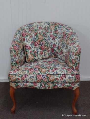 Appraisal: Queen Ann Style Floral Barrel Chair w Pillow This is