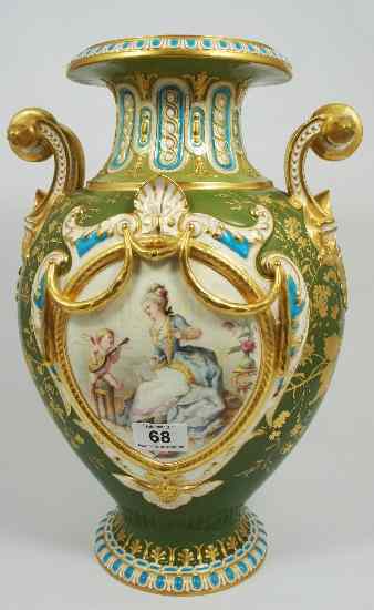 Appraisal: A Brown Westhead and Moore Two Handled Gilded Vase handpainted