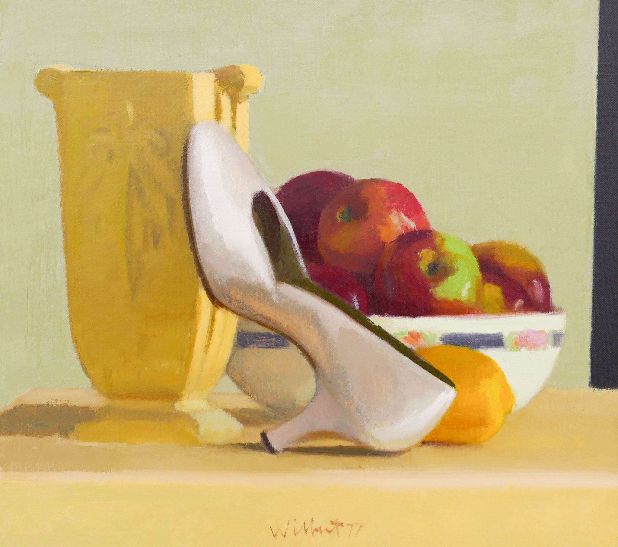 Appraisal: Robert Wilbert b American ''Shoe and Apples'' Oil on Canvas