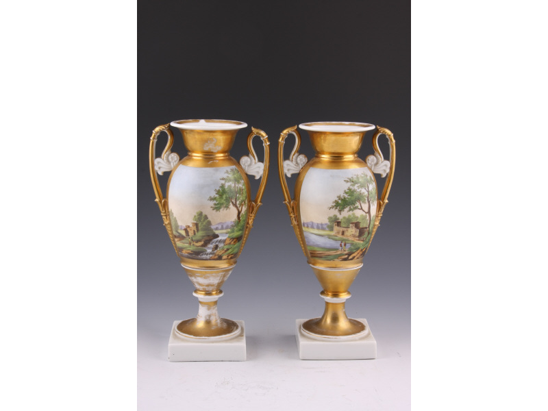 Appraisal: Pair of Paris Porcelain Vases th c gilt and hand