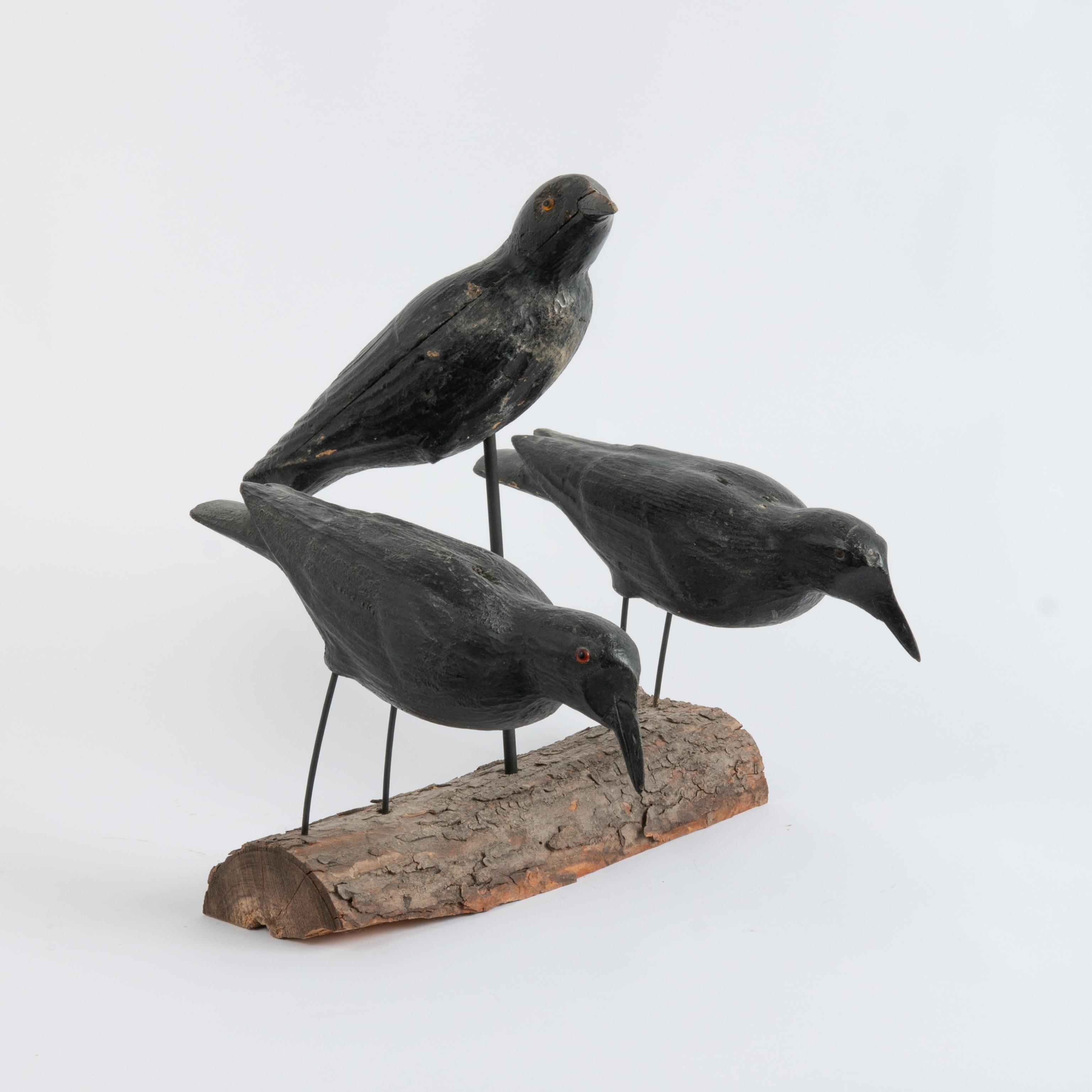 Appraisal: FOLK ART CROW DECOY GROUP A murder of three crows