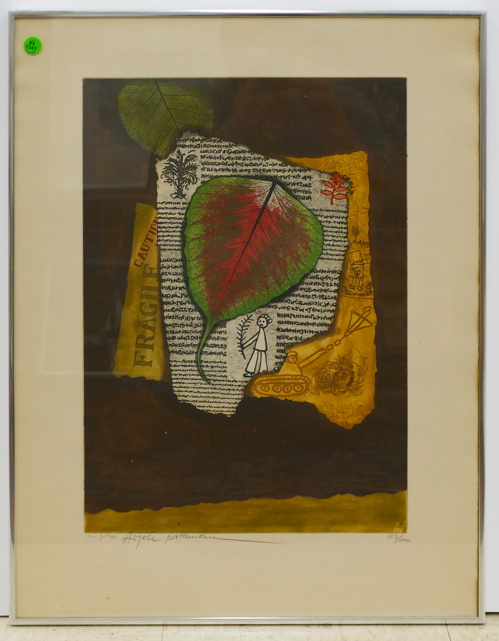 Appraisal: Mid Century Leaf Collage Aquatint Etching Framed ''x '' -