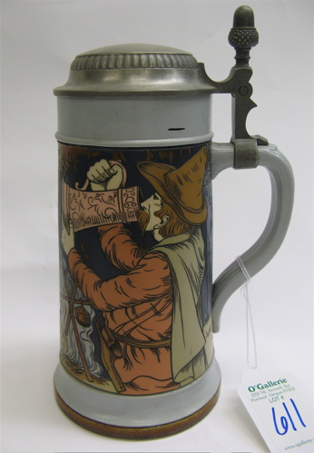 Appraisal: METTLACH GERMAN BEER STEIN one liter no Etched with fireside