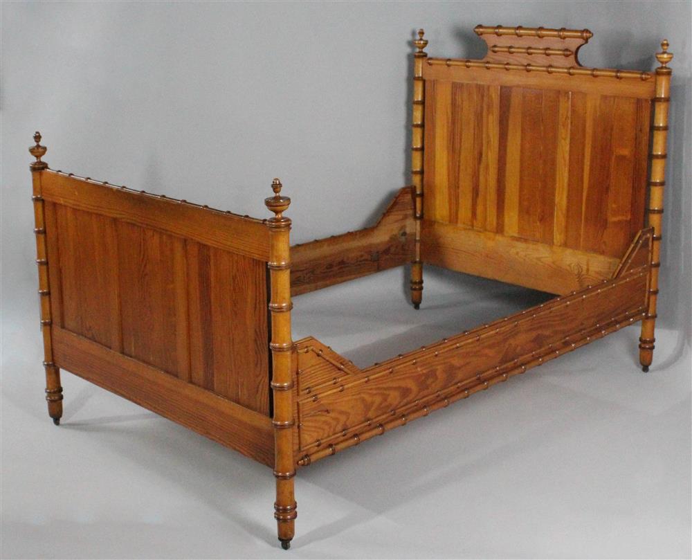 Appraisal: VICTORIAN STYLE PINE FAUX BAMBOO BED FRAME the shaped headboard