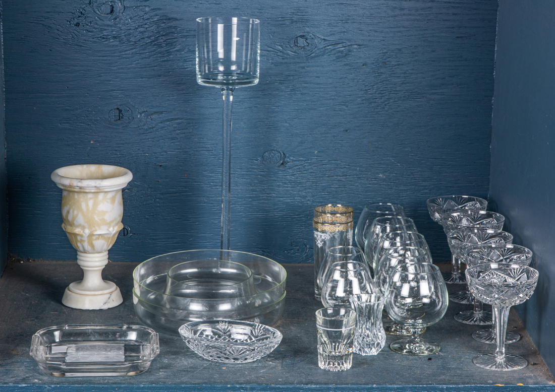 Appraisal: SHELF LOT OF MOSTLY GLASSWARE INCLUDING LIBBEY CUT GLASS CHAMPAGNE