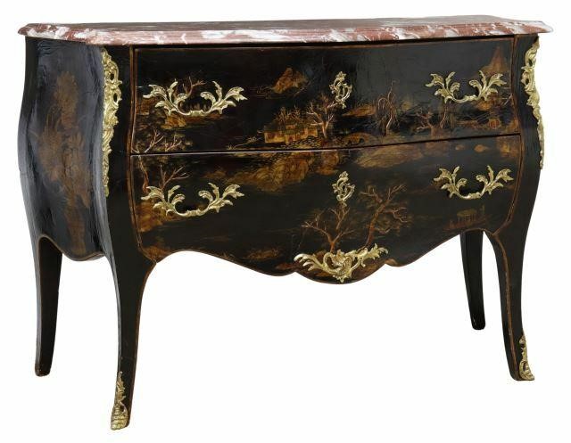 Appraisal: French Louis XV style marble-top bombe commode th c shaped