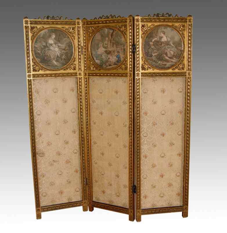 Appraisal: DIMINUTIVE LOUIS XVI STYLE FRENCH PANEL GILT SCREEN Carved and