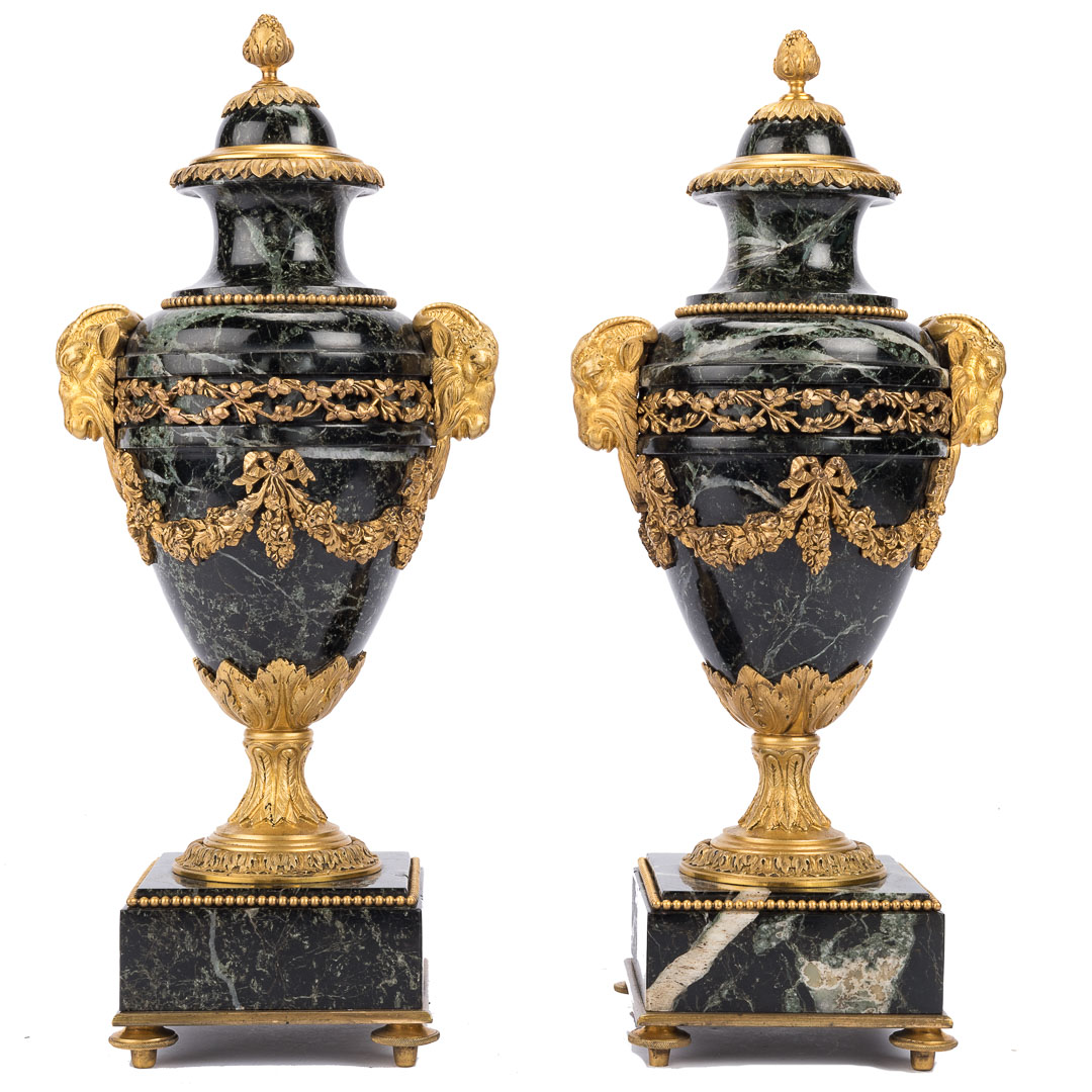 Appraisal: Pair Louis XVI style ormolu-mounted marble urns green variegated marble