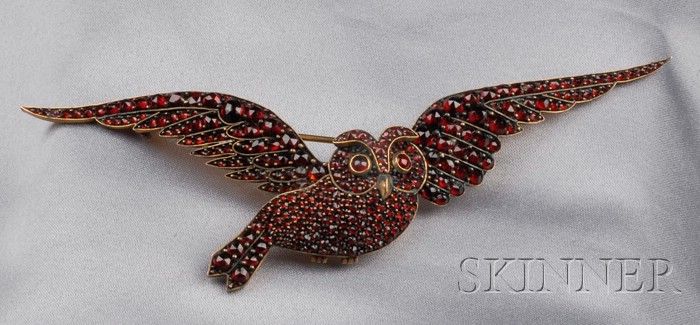 Appraisal: Antique Garnet Owl Brooch designed as an owl in flight