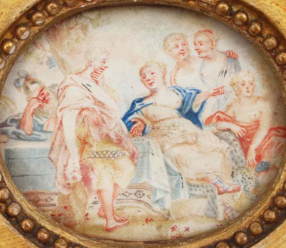 Appraisal: EARLY MINIATURE NEOCLASSICAL THEMED PAINTING Depicts a Romanesque Festive Scene