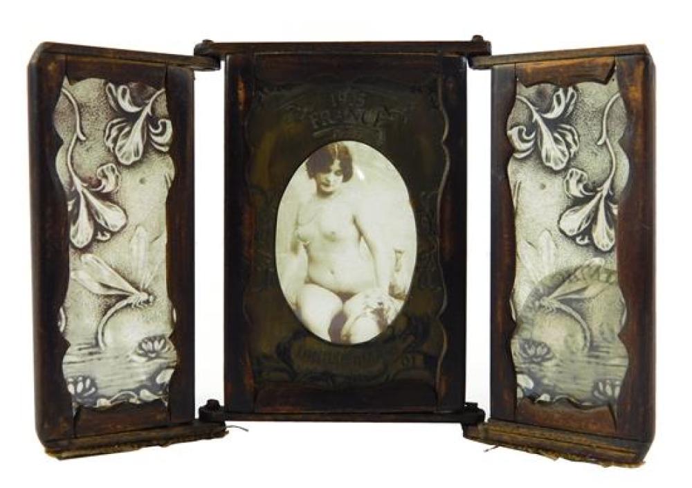 Appraisal: Early th C tri-fold miniature glass screen with French nude